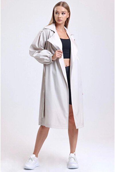 cottonage Kadın Çift Cepli Balon Kollu Kuşaklı Trençkot