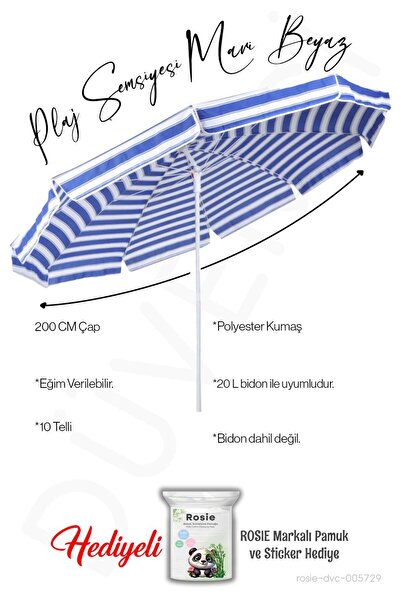 Düvenci Plaj Şemsiyesi 10 Telli 200 CM Çap Mavi Beyaz Eğim Verilir BİDONSUZ v...