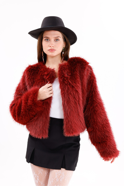 Moda Palmiss Women's Burgundy Lined Stylish Fur Coat