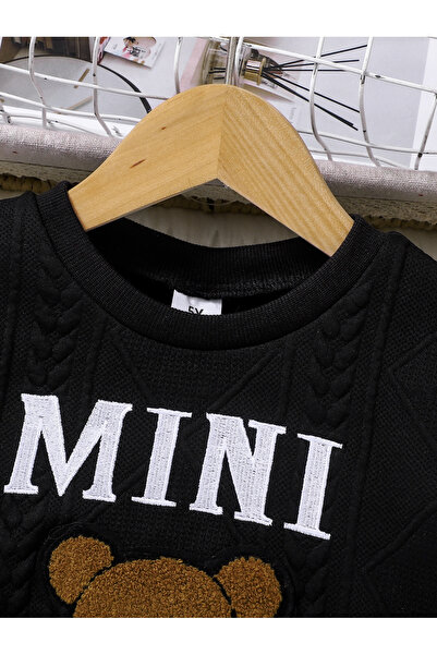 Take Two By Styli Black Textured Bear Patchwork Sweatshirt and Joggers Set