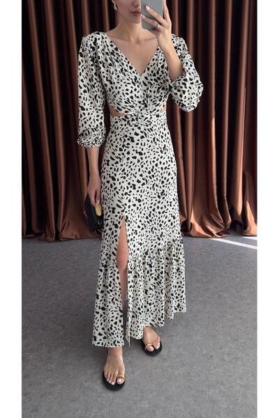 HAZELANNA Bel Detaylı Siyah Beyaz Puantiyeli Elbise