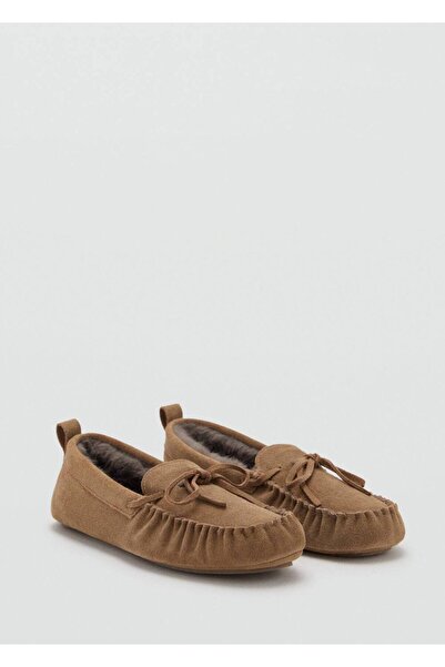 MANGO Woman Leather Moccasin Shoes with Fur Inside