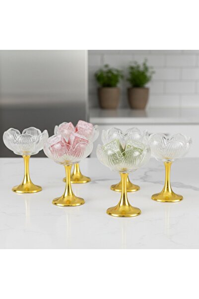 FAIR HOME طقم وعاء زجاجي طويل ذهبي اللون على شكل زهرة اللوتس لتقديم الحلوى التركية - 6 قطع