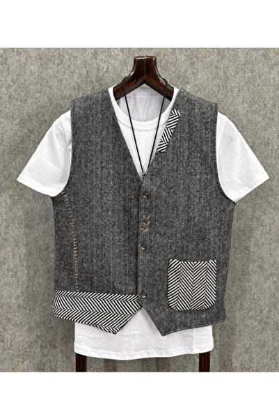 FıttingRoom Regular Handcrafted Detailed Herringbone Gray Cotton Cashmere Vest