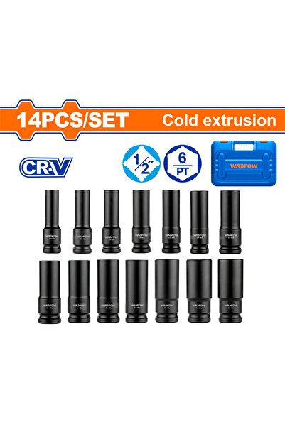 WADFOW طقم حبوب كروم أسود طويل 1/2" — 14 قطعة — WMS4D02