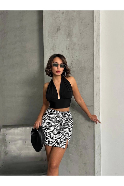 Zerenyus Single Slit Zebra Patterned Leather Skirt White Black