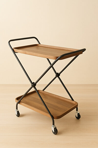 Living Two-Tier Wooden Serving Trolley with Black Metal Frame and Practical Wheels