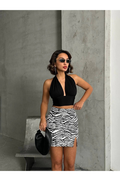 Zerenyus Single Slit Zebra Patterned Leather Skirt White Black
