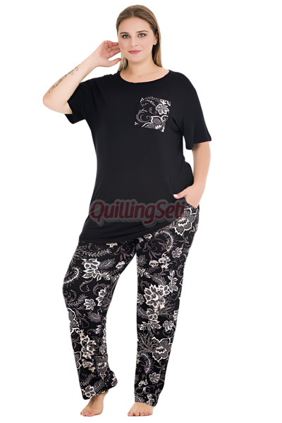 quilling Black Color and Floral Pattern 11011 Short Sleeve Women Plus Size Mom Pajamas Set