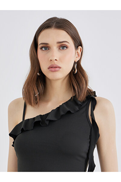 Take Two By Styli Solid Ruffled Detail Asymmetrical Neck Top