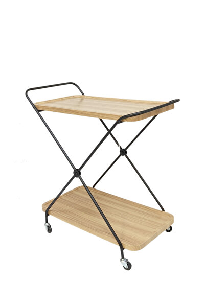 Living Two-Tier Wooden Serving Trolley with Black Metal Frame and Practical Wheels