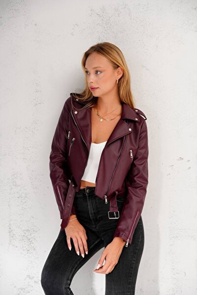 Genel Markalar Kol Fermuar Detaylı Bordo Slim Fit Ceket Kadın