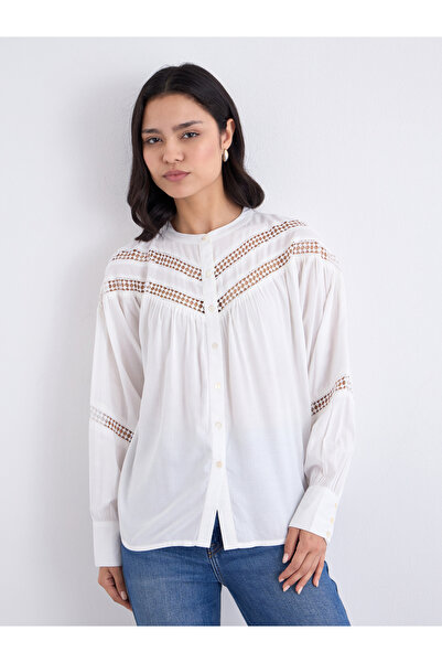 Styli White Lace Blouse with Button Front