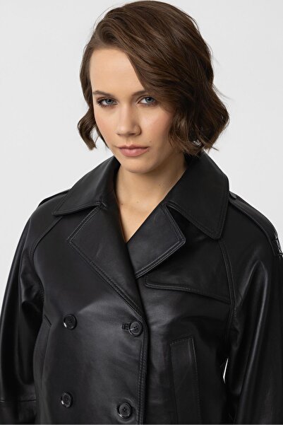 Deriderim Black Leila Double Breasted Buttoned Short Trench Coat Women's Genuine Leather Jacket