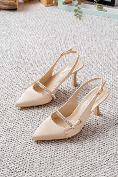 v.s.h velvet Women's Evening Dress Satin Stone Detailed Pointed Toe Open Back 7cm Thin Heeled Shoes