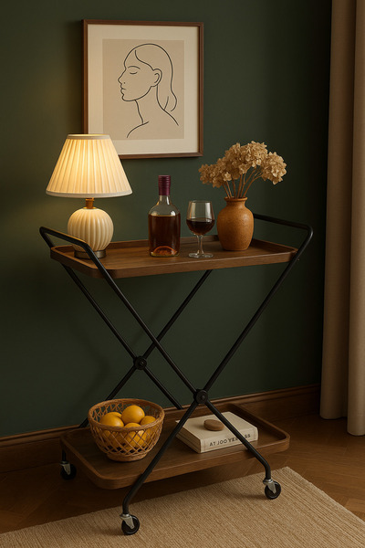 Living Two-Tier Wooden Serving Trolley with Black Metal Frame and Practical Wheels