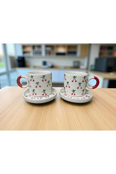 Home Ceramic Handmade Cherry Pattern Ring Handle Double Coffee Cup Set of 2