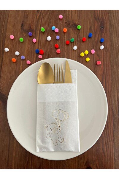 kidspartim مناديل مطبوعة بدب لطيف مطلي بالذهب على خلفية بيضاء مع جيوب على شكل...