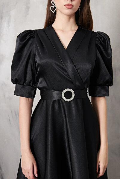 Sheeny Dm LİFE Sİyah kloş etek saten midi boy abiye elbise