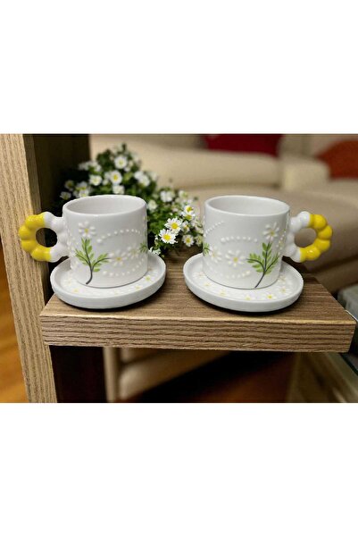 Home Ceramic Handmade Yellow Daisy Patterned Double Coffee Cup Set of 2 with Twisted Handles