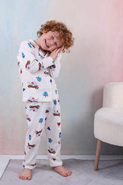 Beka Kids Erkek Çocuk Önden Düğmeli Desenli Pijama Takımı %100 Pamuklu Pijama Takımı