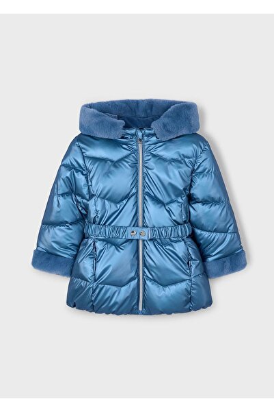 MAYORAL معطف طويل لامع مزين بغطاء للرأس وحزام للفتيات 4448 أزرق