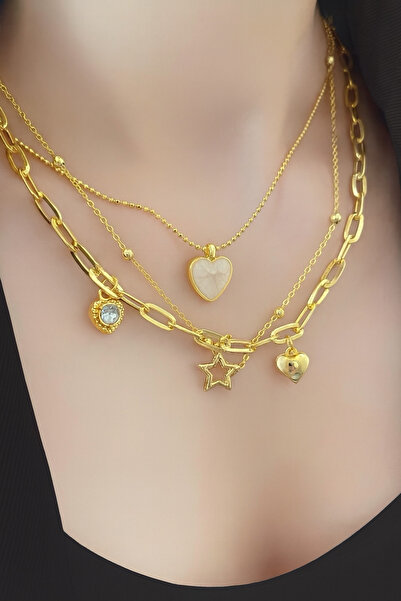 monalisatoka Kadın Gold İnci Mine Kalp Detaylı Tek Taş Kalpli Üçlü Kombin Kolye Seti