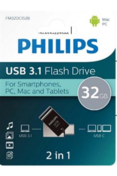 Philips Fm32Dc152B/00 32Gb 2 in 1 Type-C/Usb 3.1 Black Gray USB Memory