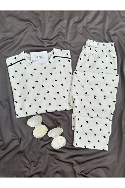 Lena Homewears Black Bow Patterned Ecru Waffle Premium Pajama Set