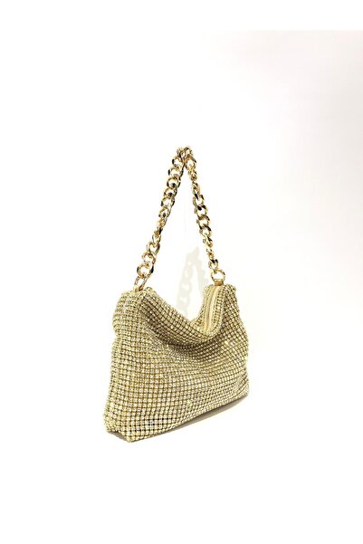 womenacs Gold Colored Small Size Diamond Stone Evening Dress Clutch with Chain Strap Handheld Wedding Engagement Evening Bag