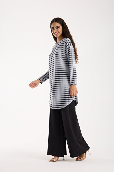 MODA VUSLAT Women's Gray Striped Long Sleeve Tunic