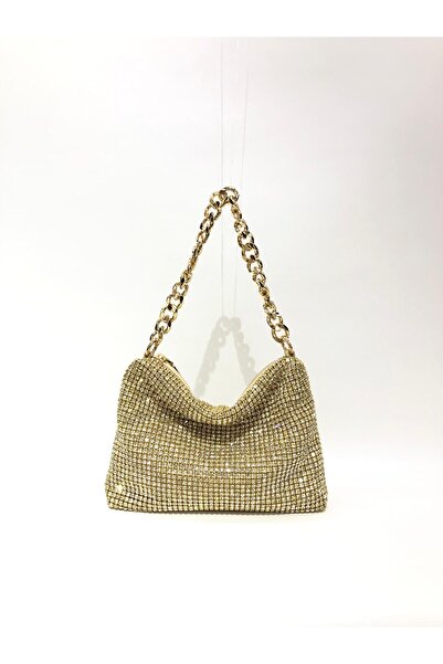 womenacs Gold Colored Small Size Diamond Stone Evening Dress Clutch with Chain Strap Handheld Wedding Engagement Evening Bag