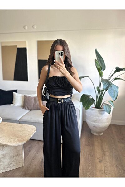 Özgece BELİ LASTİKLİ İPEK SATEN SİYAH PANTOLON