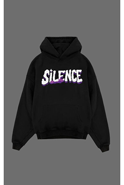 EVIus Oversize Silence Printed Hooded Black Sweatshirt
