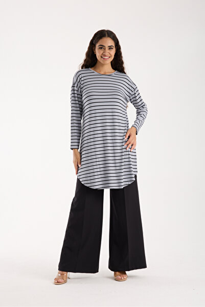 MODA VUSLAT Women's Gray Striped Long Sleeve Tunic