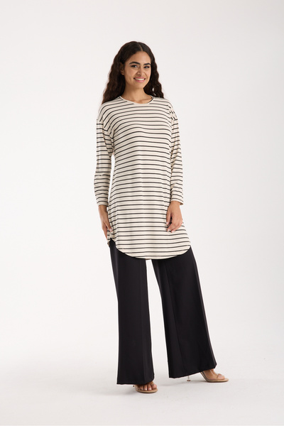 MODA VUSLAT Women's Stone Color Striped Long Sleeve Tunic