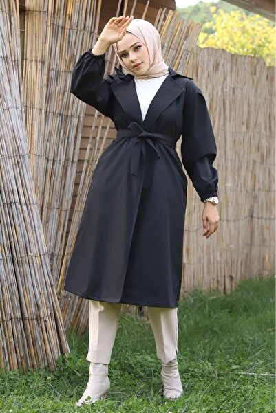 MY QILAM Number 10 Fashion Women's Waist-Tied Black Balloon Sleeve Trench Standard Size (between 38/44)