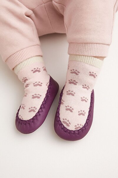 minissa baby kids Чорапи-пантофки с кожена подметка, естествена кожа, с мотиви, цвят сливово, удобни