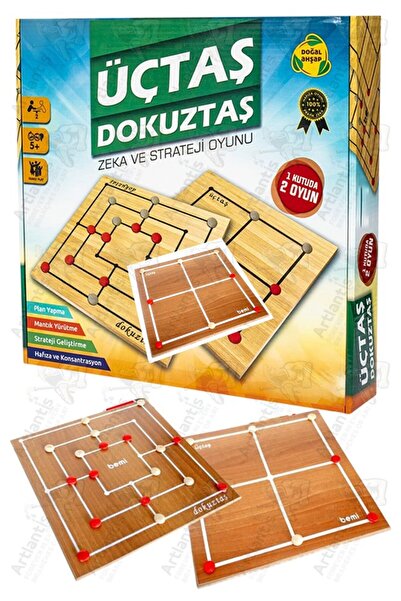 Artlantis Üç Taş ve Dokuz Taş Oyunu Ahşap Tabla 1 Paket Üçtaş ve Dokuztaş Zek...