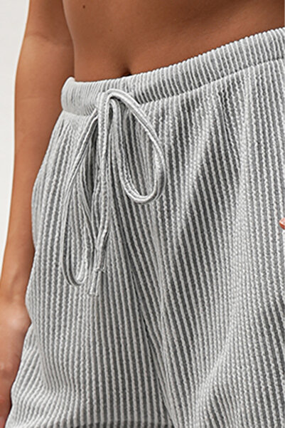 Sun Victoria Γυναικείο χειμερινό γκρι φούτερ υψηλής ποιότητας με ρυθμιζόμενη μέση, ριγέ τσέπες και φαρδύ πόδι