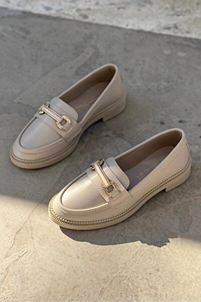 I Love Shoes Duvra Mat Deri Bej Gold Toka Detaylı Kadın Loafer