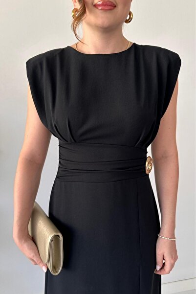 MaziButik Single Buckle Slit Dress Black