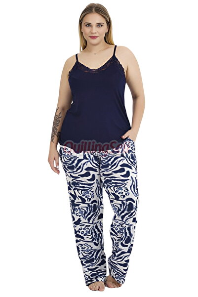 quilling Navy Blue Color and Patterned 11018 Strap Sleeve Women's Plus Size Mom Pajamas Set