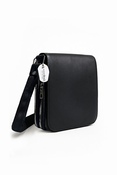 westbag Genuine Leather Black Unisex Double Zipper Long Strap Shoulder and Crossbody Messenger Bag Medium Size