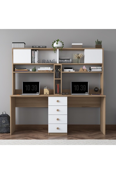 Rani Mobilya Rani HA130 İki Kişilik Raflı 2 Kapaklı Çekmeceli Çalışma Ofis Bilgisayar Masası Sepet Ceviz - Beyaz