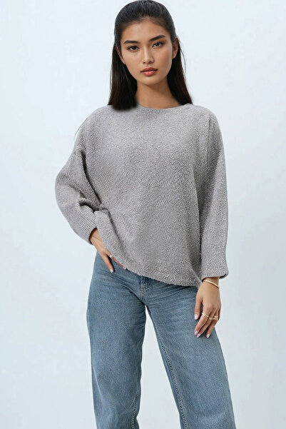 Trend Alaçatı Stili Kadın Vizon Kayık Yaka Yarasa Kol Buklet Triko Kazak Alc-X14441