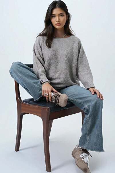 Trend Alaçatı Stili Kadın Vizon Kayık Yaka Yarasa Kol Buklet Triko Kazak Alc-X14441