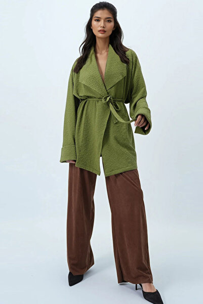 Trend Alaçatı Stili Women's Green Shawl Collar Self Textured Belted Long Jacket Alc-X14481