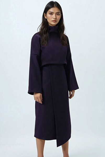 Trend Alaçatı Stili Női szilva színű, állógalléros, széles szabású blúz és aszimmetrikus, becsomagolt midi szoknya szett Alc-X14443