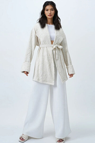 Trend Alaçatı Stili Women's Ecru Shawl Collar Self Textured Belted Long Jacket Alc-X14481